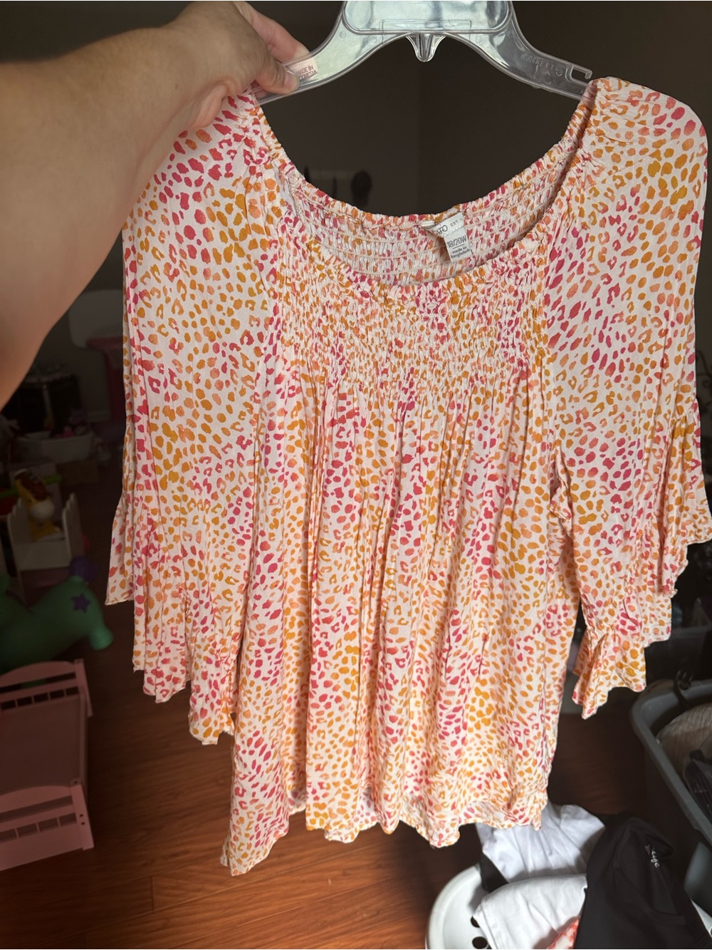 Cato Pink & Orange Animal-Print Smocked Neck blouse